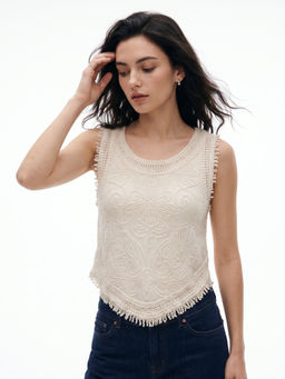 Outzidr - Off White Tassel Edge Cord Embroidered Top