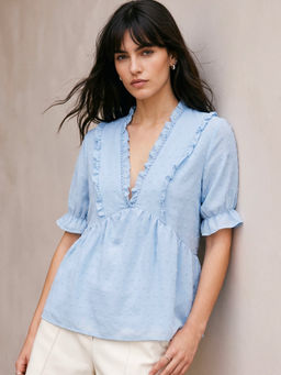 Outzidr - Blue Ruffle Detail Relaxed Top