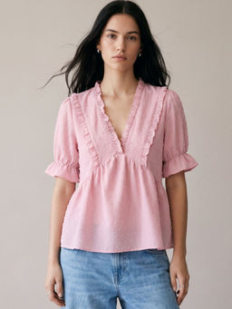 Outzidr - Pink Ruffle Detail Relaxed Top