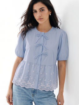 Outzidr - Light Blue Front Tie-Up Scallop Hem Top