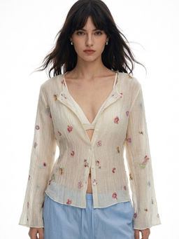 Outzidr - Off White Full Sleeve Front Buttoned Printed Top