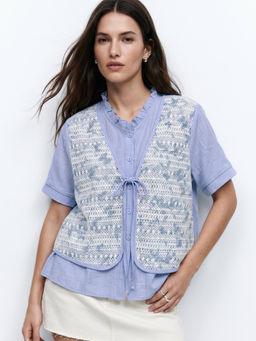 Outzidr - Light Blue Ruffle Neck Front Tie-Up Layered Top