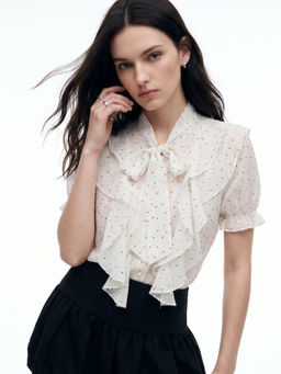 Outzidr - Off White Bow Tie-Up Polka Printed Top