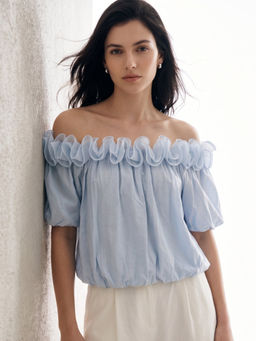 Outzidr - Blue Ruffle Neck Puff Sleeve Top