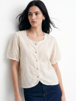 Outzidr - Cream Textured Lace Detail Front Buttoned Top