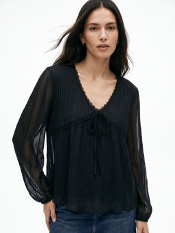 Outzidr - Black Full Sleeve Ruffle Neckline Textured Top