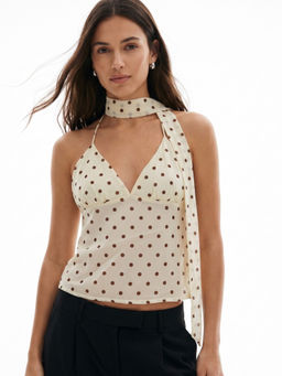 Outzidr - Yellow Polka Printed Top with Neck Wrap