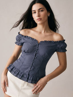 Outzidr - Blue Off Shoulder Fitted Blouse with Frill Details Top