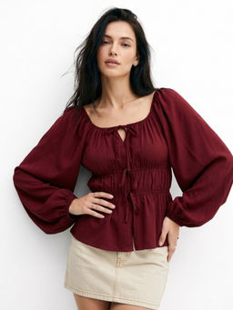 Outzidr - Maroon Regular Fit Square Neck Blouse with Bow Tie Top