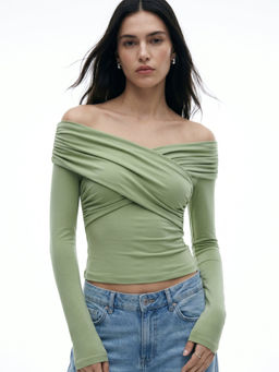 Outzidr - Olive Cross Front Off Shoulder Fitted Top
