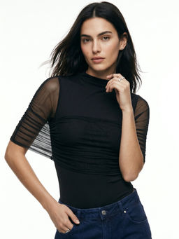 Outzidr - Black Drapey Cowl Fitted Top