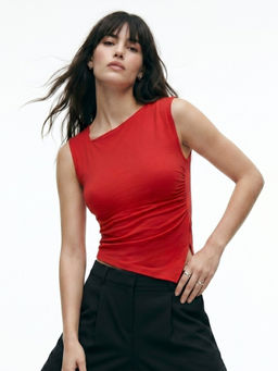 Outzidr - Red Asymmetric Neckline Top