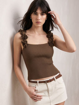 Outzidr - Brown Square Neck Ribbed Top