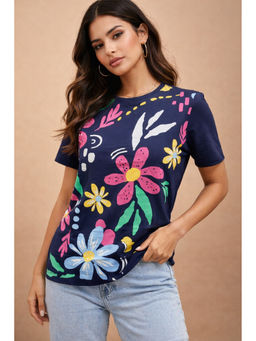 Club York - Navy Blue Cotton Printed T-Shirt
