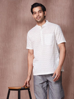 Fabindia - White Cotton Printed Mid Placket Shirt