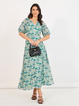 Styli - Blue Floral Printed V Neck Short Sleeves A Line Maxi Dress