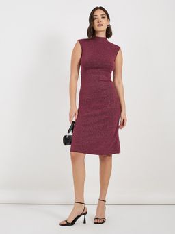 Styli - Maroon Solid High Neck Sleeves Sheath Midi Length Dress