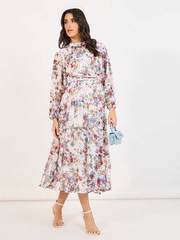 Styli - White Floral Print High Neck Gathered A Line Maxi Dress