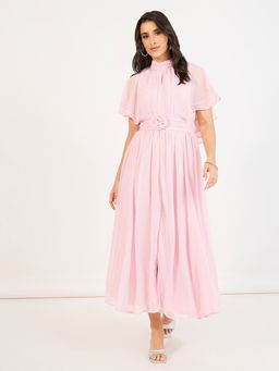 Styli - Pink Solid A Line Maxi Dress with Corsage Detail At Waist