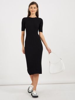 Styli - Black Solid Round Neck Rib Sheath Midi Dress