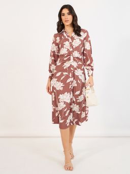 Styli - Brown Floral Print Collared A Line Midi Dress