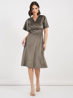 Styli - Taupe Solid V Neck A Line Midi Dress