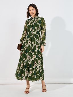 Styli - Green Floral Print Collared A Line Shirt Maxi Dress