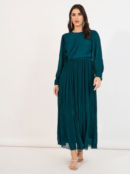 Styli - Teal Solid Round Neck A Line Maxi Dress