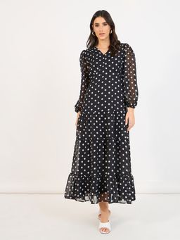 Styli - Black Polka Dot Print V Neck A Line Maxi Dress