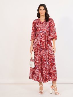 Styli - Red Print V Neck Flare Sleeves A Line Maxi Dress