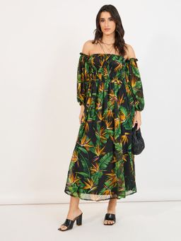 Styli - Black Floral Print Off Shoulder A Line Maxi Dress