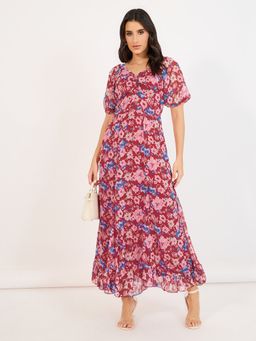 Styli - Red Sweetheart Neck A Line Dress with Ruffle Flare Hem