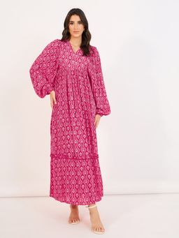 Styli - Pink Print V Neck A Line Maxi Dress