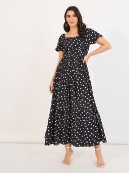Styli - Black Polka Dot Print Square Neck A Line Maxi Dress