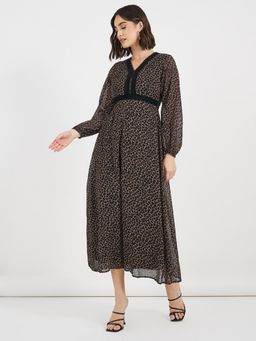 Styli - Black Animal Print V Neck A Line Maxi Dress