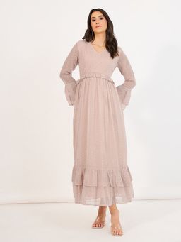 Styli - Pink V Neck A Line Ruffle Hem Maxi Dress