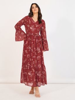 Styli - Brown Floral Print V Neck Bell Sleeves Tiered Maxi Dress