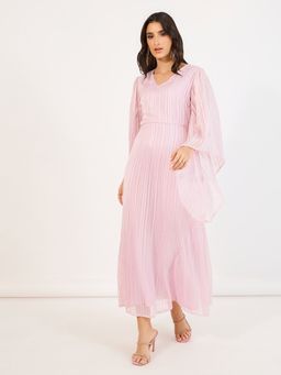 Styli - Pink Striped V Neck A Line Maxi Dress