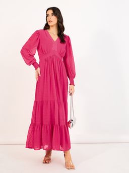Styli - Pink Solid V Neck A Line Maxi Dress