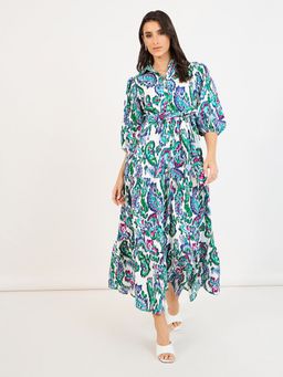 Styli - Multi Colour Paisley Print Shirt Collar Tiered Maxi Dress with Belt (Set of 2)
