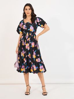 Styli - Black Floral Print Square Neck A Line Midi Dress with Belt (Set of 2)