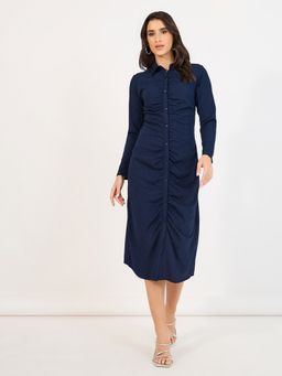 Styli - Navy Blue Solid Shirt Collar Ruched A Line Midi Dress