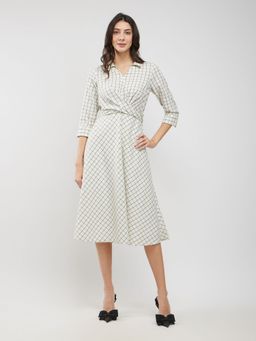FableStreet - Off White Cotton Checkered Wrap Dress