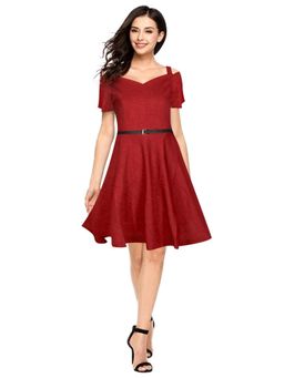 Odette - Maroon Polyester Skater Dress For Women (Set of 2)