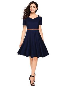 Odette - Navy Blue Polyester Skater Dress with Belt For Women (Set of 2)