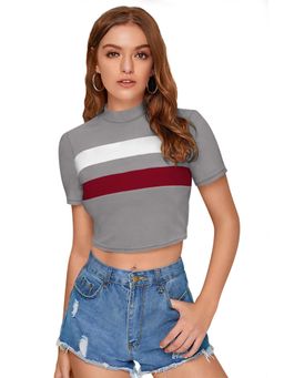 Odette - Grey Polyester Color Block Crop Top For Women