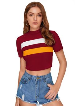 Odette - Maroon Polyester Color Block Crop Top For Women