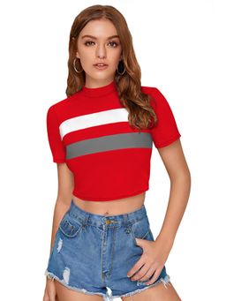 Odette - Red Polyester Color Block Crop Top For Women