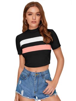 Odette - Black Polyester Color Block Crop Top For Women