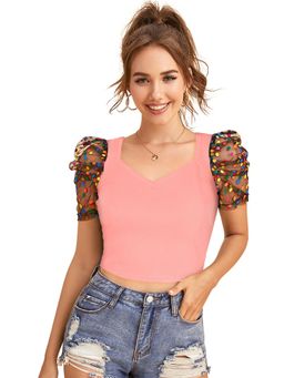 Odette - Peach Polyester Solid Crop Top For Women